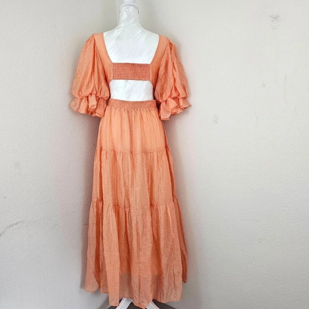 MOON RIVER Womens Sz S Puff Sleeve Tiered Back cutout Midi Dress Coral Cocktail - Picture 5 of 16